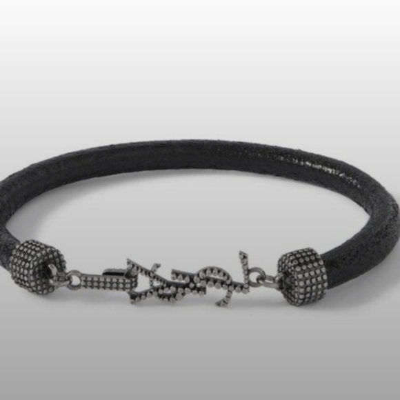 Saint Laurent Black Logo Textured-Leather and Silver-Tone Bracelet - Picture 1 of 5